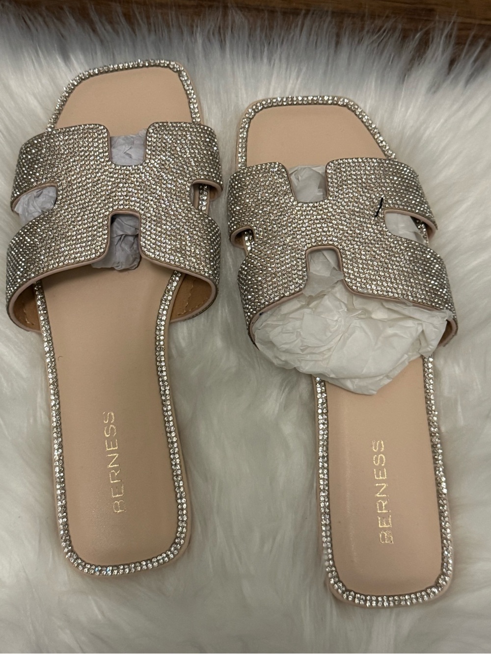 BERNESS Nude Crystal Slide Sandals for Women